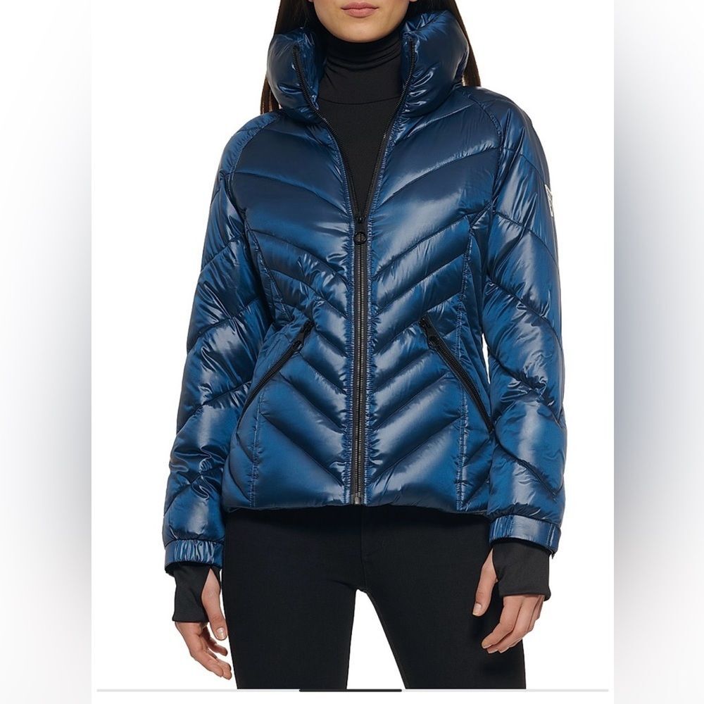 Guess women's navy blue quilted puffer jacket, shiny fabric coat